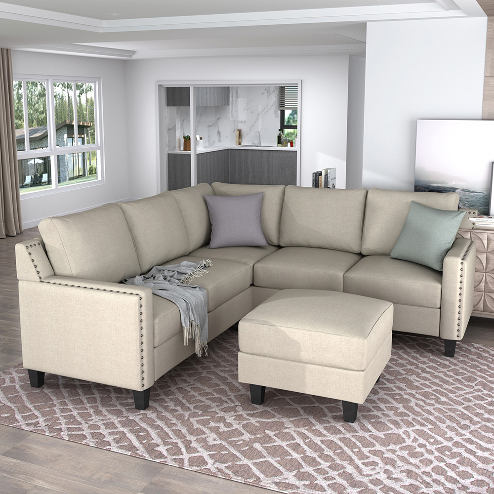 U-STYLE 84" 5-Seat Microfiber Upholstered Sofa with Ottoman and Wooden Frame, for Living Room, Bedroom, Office, Apartment - Beige