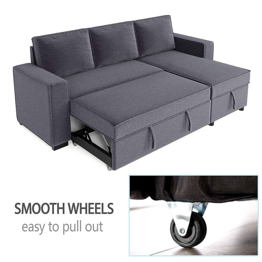 91.5" 3-Seat Pull-out Combination Polyester Sofa Bed with Storage Chaise and Wooden Frame, for Living Room, Bedroom, Office, Apartment - Gray