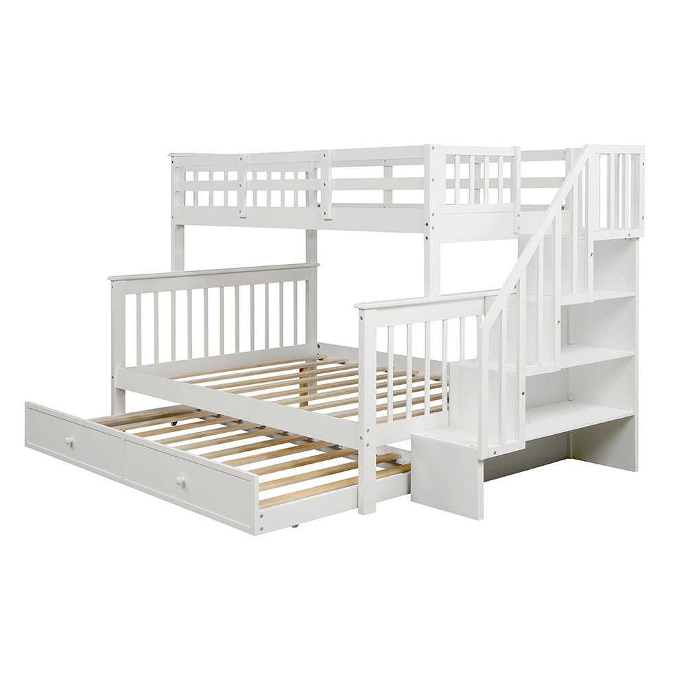 Twin-Over-Full Size Stairway Bunk Bed Frame with Trundle Bed, and Wooden Slats Support, No Spring Box Required (Frame Only) - White