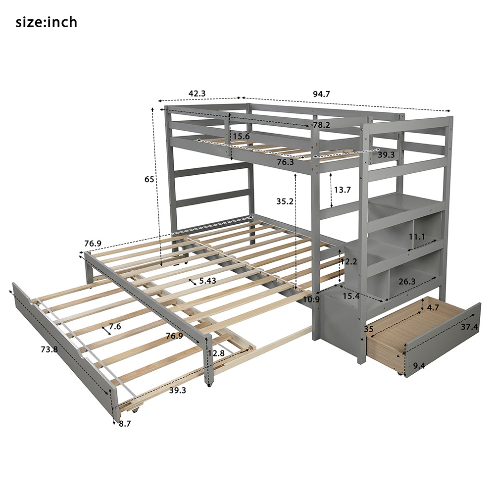 Twin-Over-Twin/King Size Wooden Bunk Bed Frame with Trundle Bed, and Storage Stairs, No Spring Box Required (Frame Only) - Gray