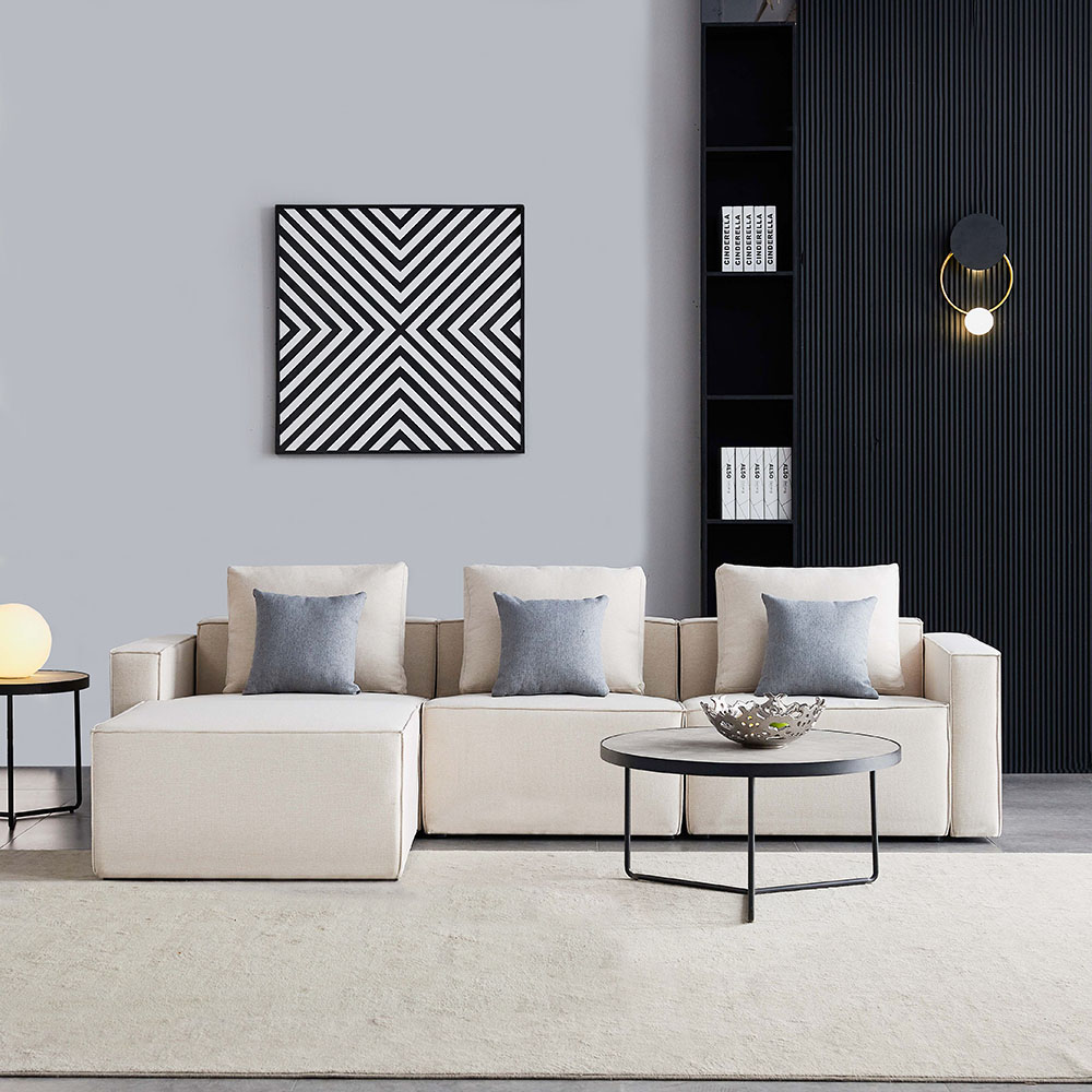 108" 3-Seat Linen Upholstered Sectional Sofa with Ottoman and Wooden Frame, for Living Room, Bedroom, Office, Apartment - Beige