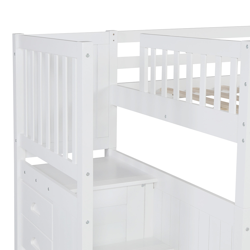 Full-Over-Full Size Bunk Bed Frame with Trundle Bed, Storage Stairs, and Wooden Slats Support, No Spring Box Required (Frame Only) - White
