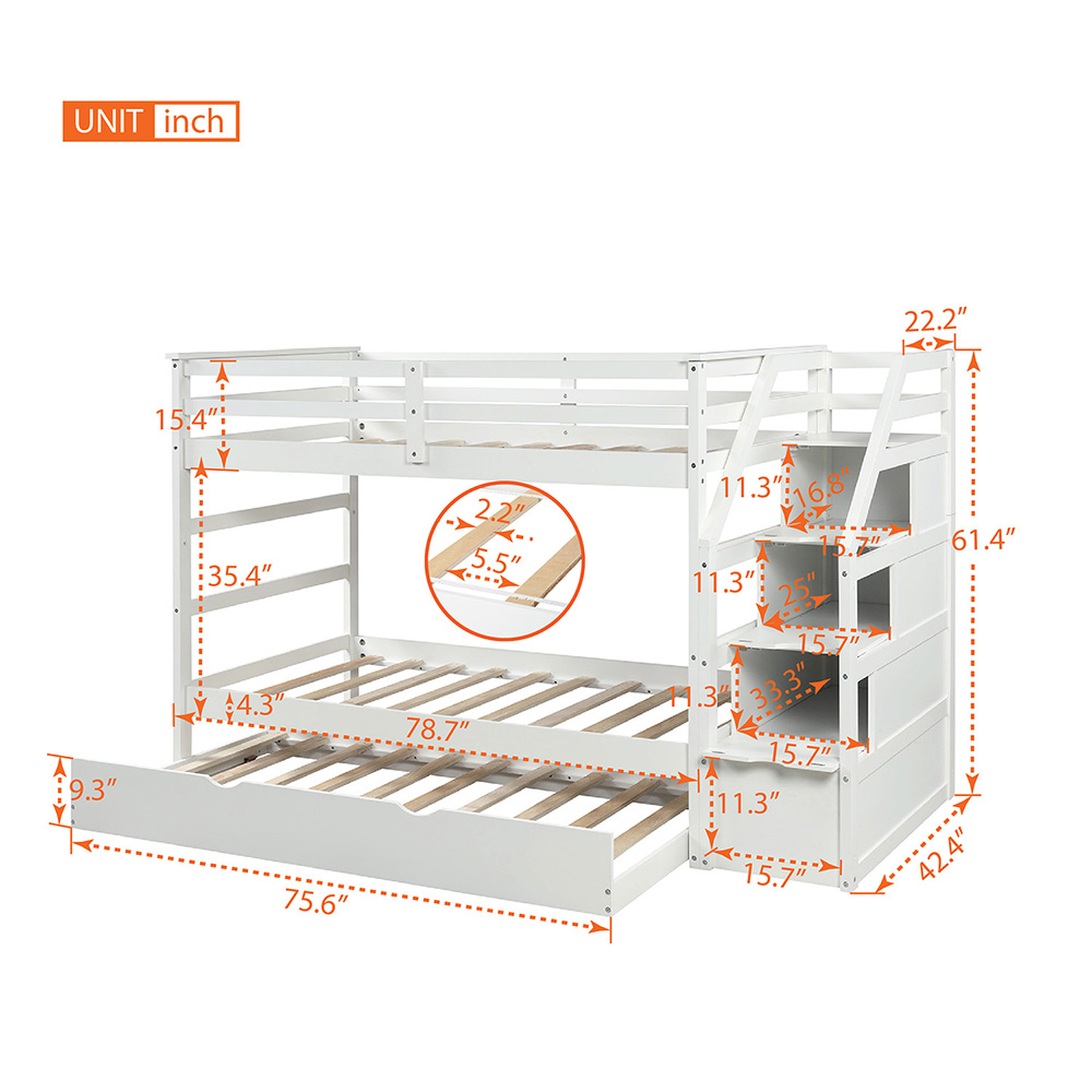 Twin-Over-Twin Size Bunk Bed Frame with Trundle Bed, and 3 Storage Stairs, No Spring Box Required (Frame Only) - White