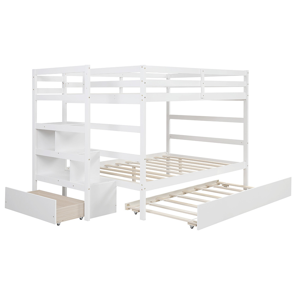 Full-Over-Full Size Wooden Bunk Bed Frame with Trundle Bed, and Storage Stairs, No Spring Box Required (Frame Only) - White