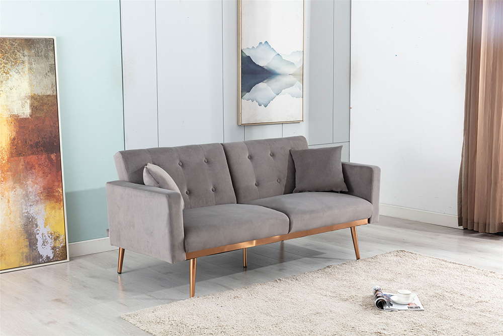 COOLMORE 2-Seat Velvet Upholstered Sofa Bed with Metal Feet, and Adjustable Backrest, for Living Room, Bedroom, Office, Apartment - Gray