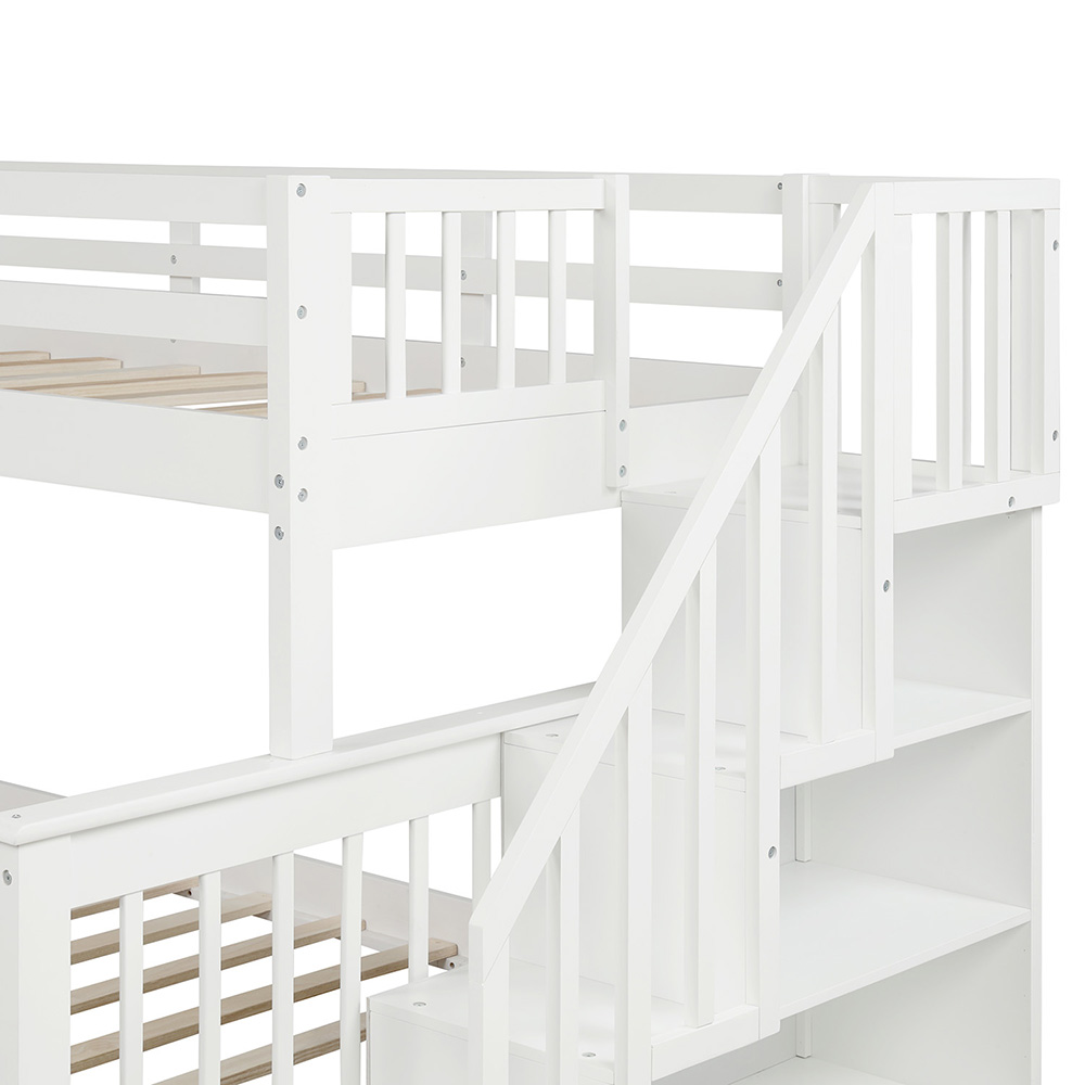 Twin-Over-Full Size Stairway Bunk Bed Frame with Storage Drawer, and Wooden Slats Support, No Spring Box Required (Frame Only) - White