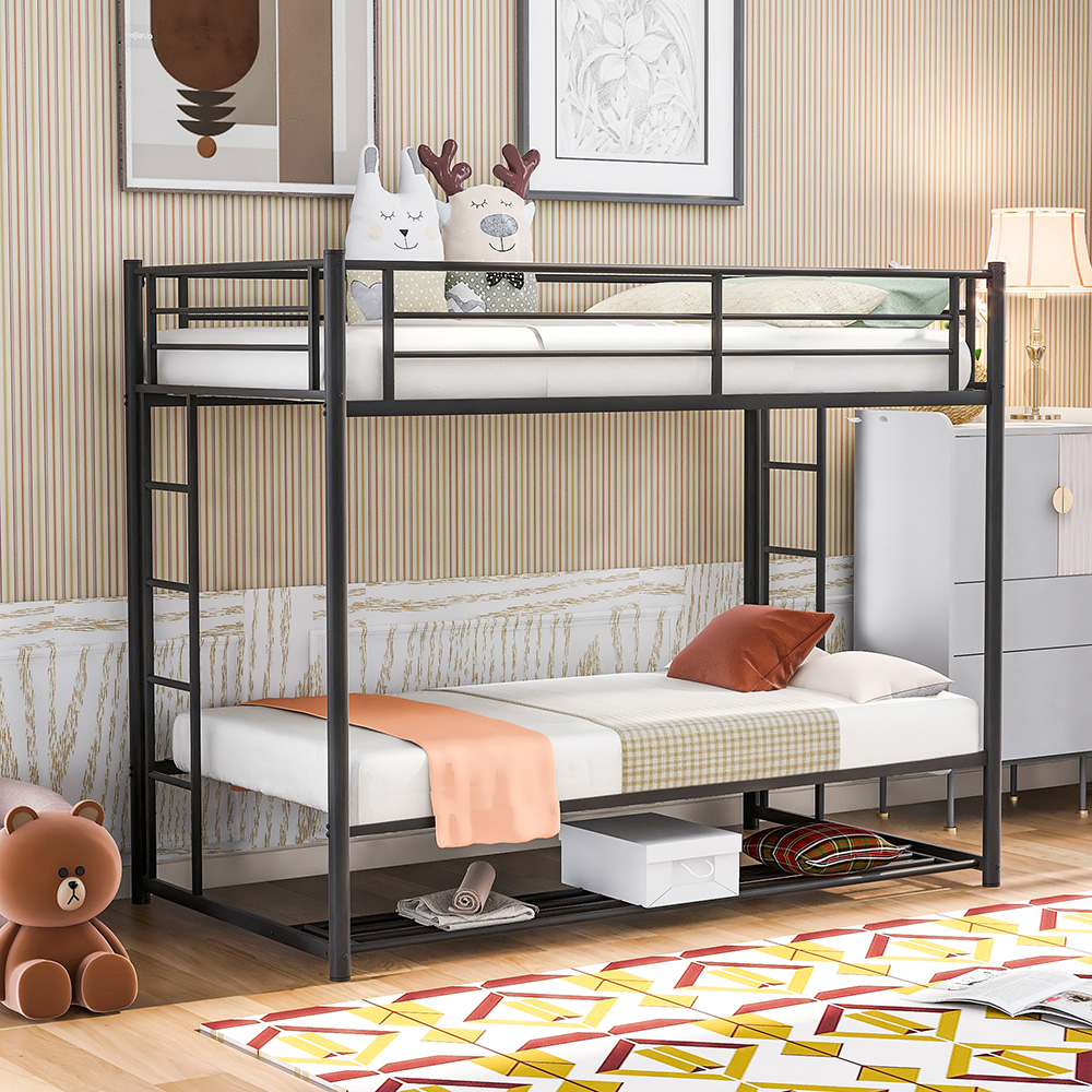 Twin-Over-Twin Size Metal Bunk Bed Frame with Ladder and Storage Bottom Shelf, No Spring Box Required (Frame Only) - Black