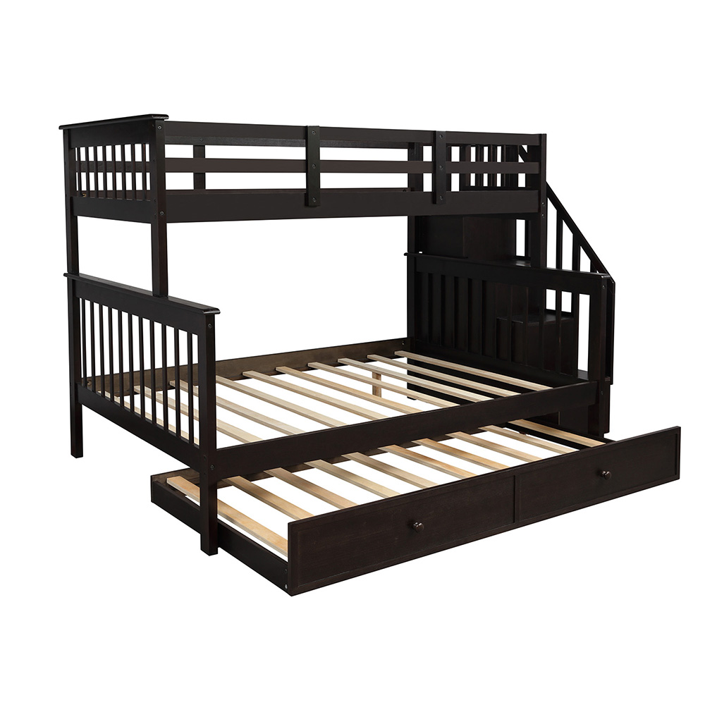 Twin-Over-Full Size Stairway Bunk Bed Frame with Trundle Bed, and Wooden Slats Support, No Spring Box Required (Frame Only) - Espresso