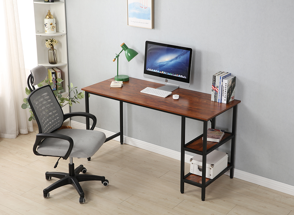 55" Home Office Computer Desk with Open Storage Shelves, Wooden Tabletop and Metal Frame - Brown