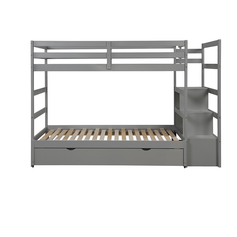 Twin-Over-Twin/King Size Wooden Bunk Bed Frame with Trundle Bed, and Storage Stairs, No Spring Box Required (Frame Only) - Gray