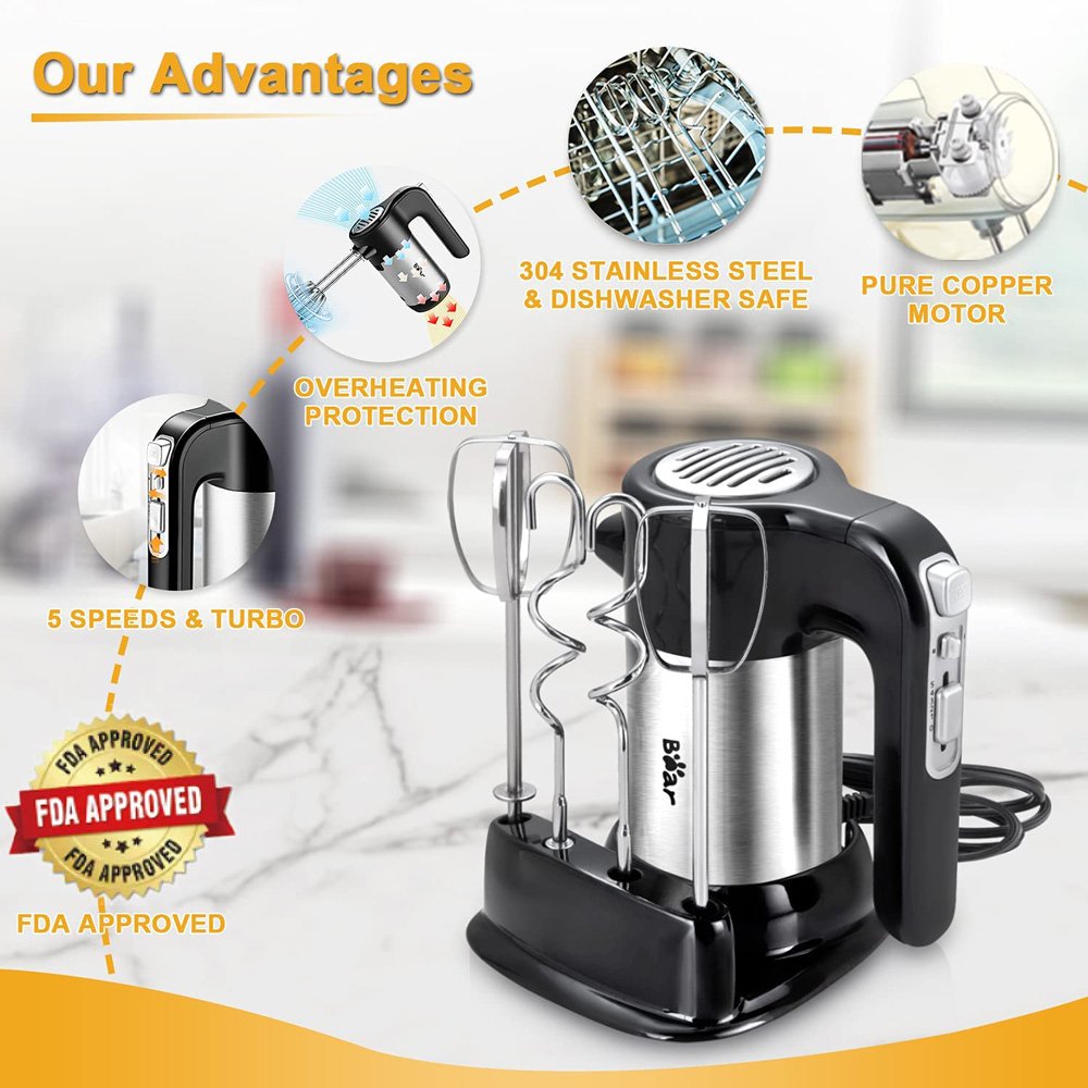 Bear Hand-held Electric Mixer 300W Power 10 Speeds for Eggs, Cream, Potatoes - Black