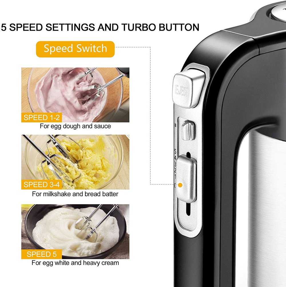 Bear Hand-held Electric Mixer 300W Power 10 Speeds for Eggs, Cream, Potatoes - Black