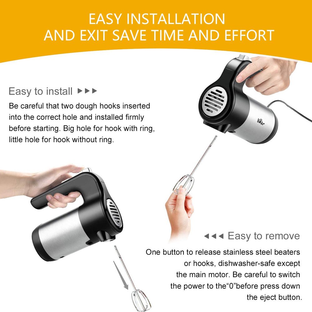 Bear Hand-held Electric Mixer 300W Power 10 Speeds for Eggs, Cream, Potatoes - Black