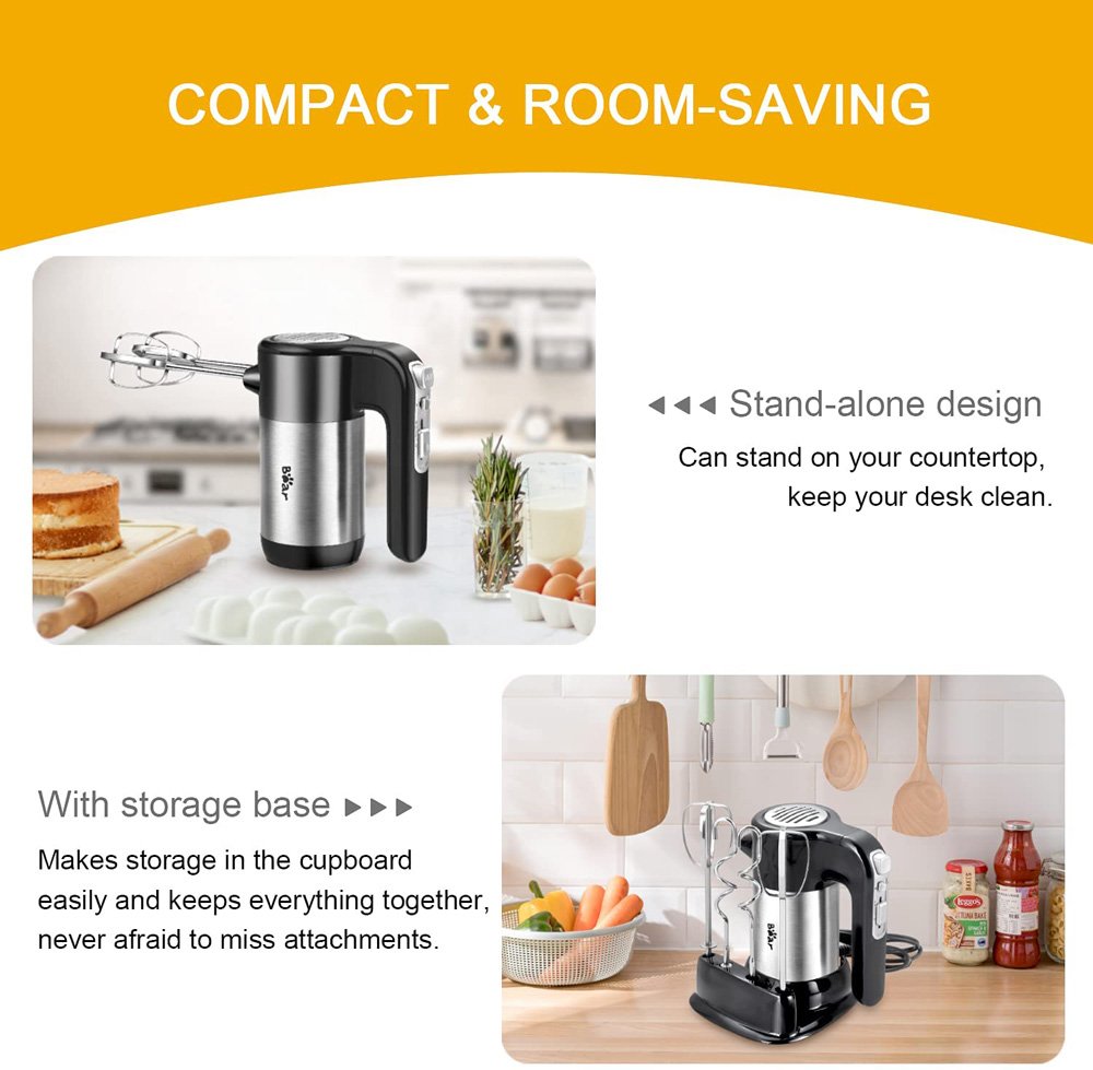 Bear Hand-held Electric Mixer 300W Power 10 Speeds for Eggs, Cream, Potatoes - Black