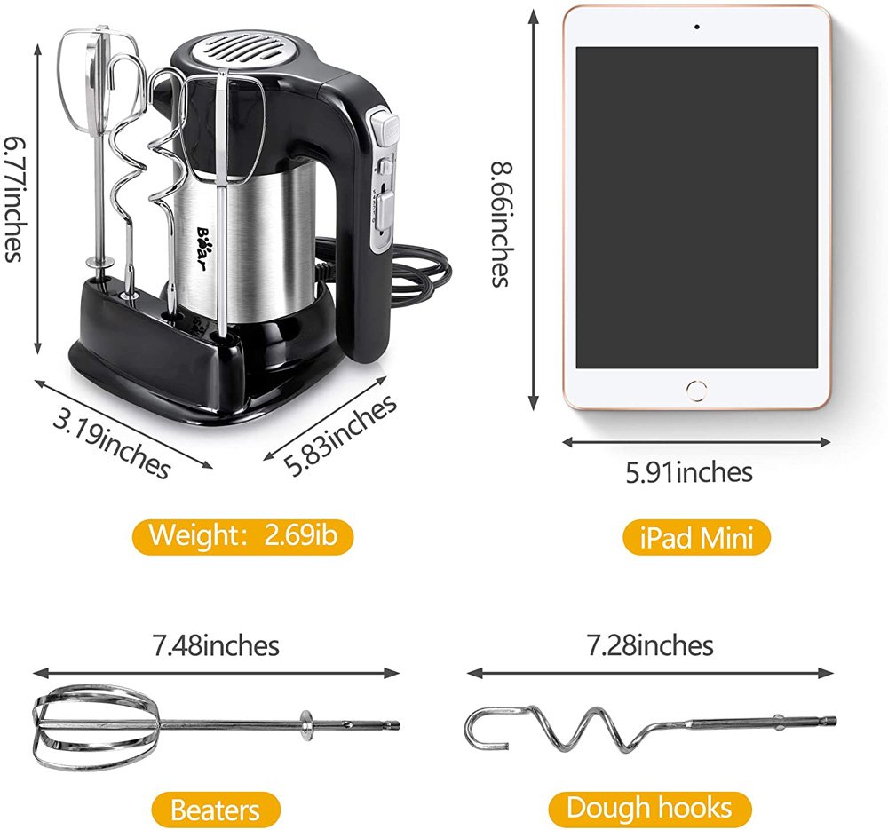 Bear Hand-held Electric Mixer 300W Power 10 Speeds for Eggs, Cream, Potatoes - Black