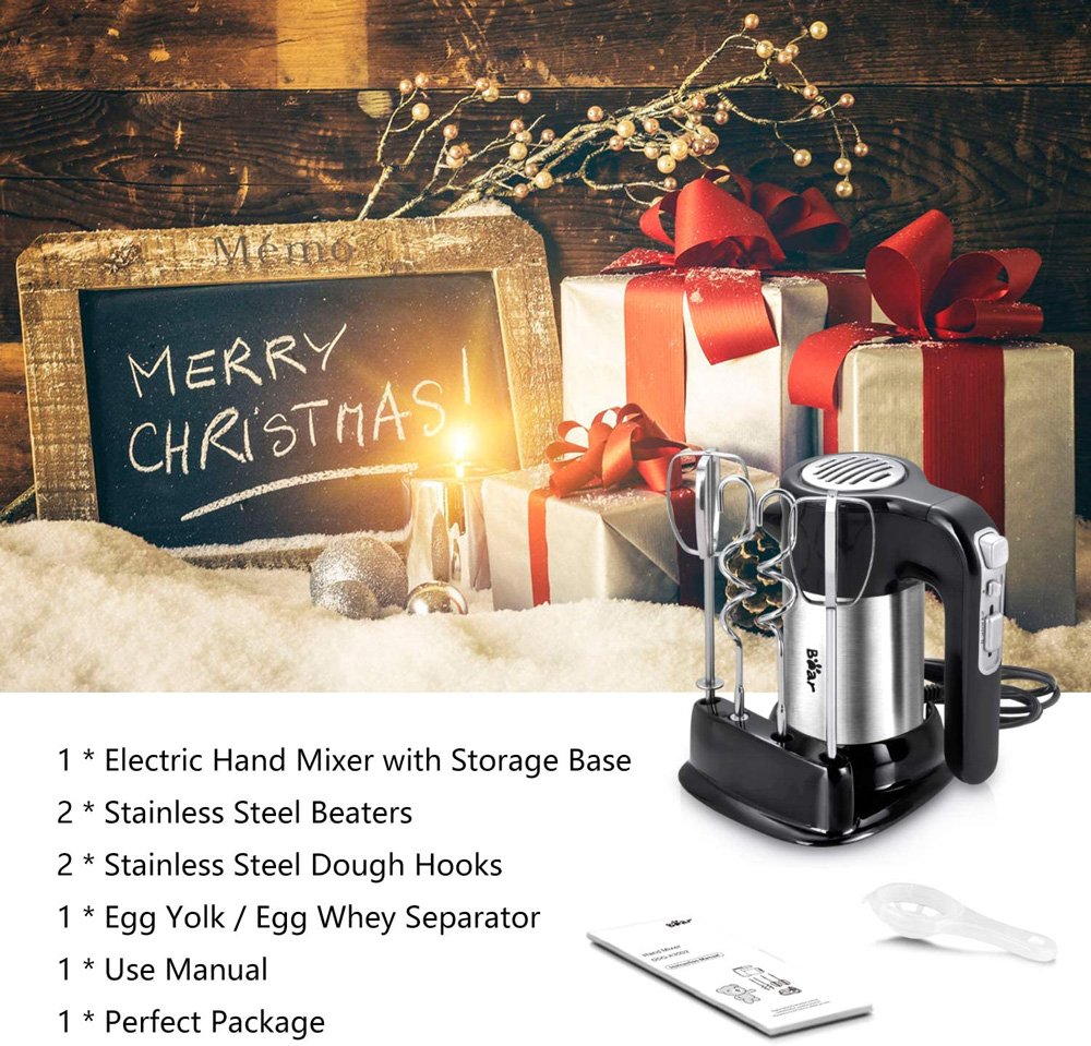 Bear Hand-held Electric Mixer 300W Power 10 Speeds for Eggs, Cream, Potatoes - Black