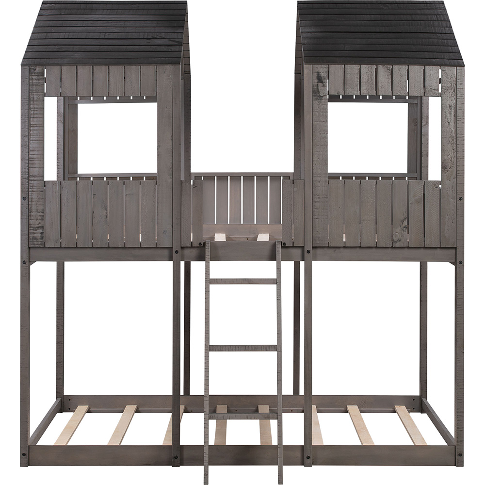 Full-Over-Full Size Bunk Bed Frame with Roof, and Wooden Slats Support, No Spring Box Required (Frame Only) - Antique Gray