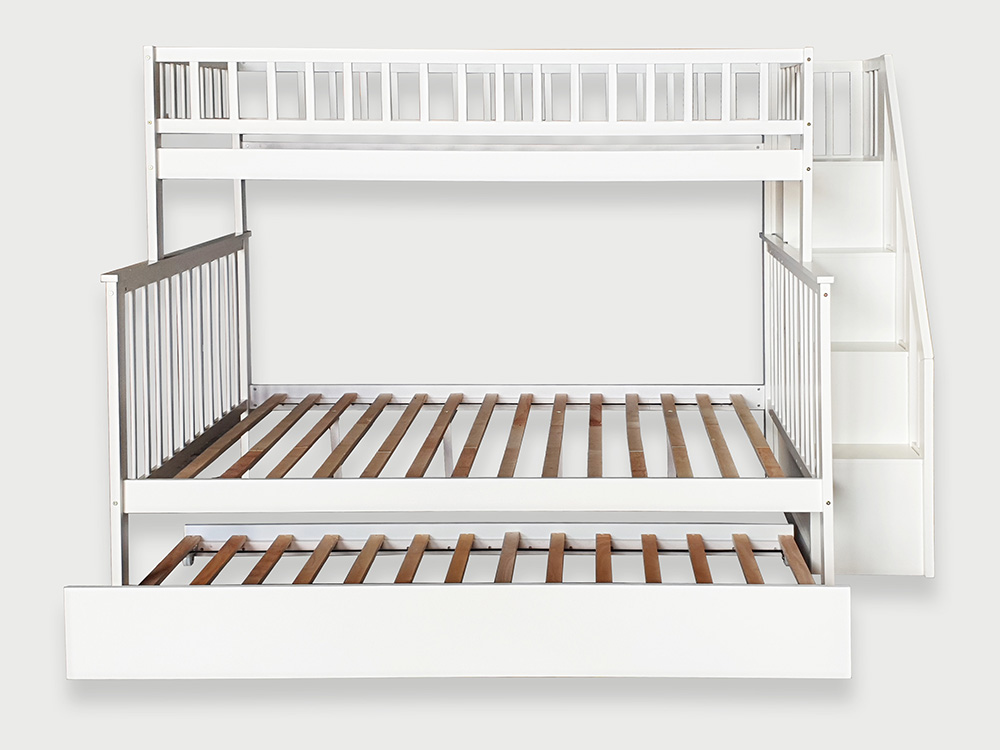 Twin-Over-Full Size Stairway Bunk Bed Frame with Trundle Bed, and Wooden Slats Support, No Spring Box Required (Frame Only) - White