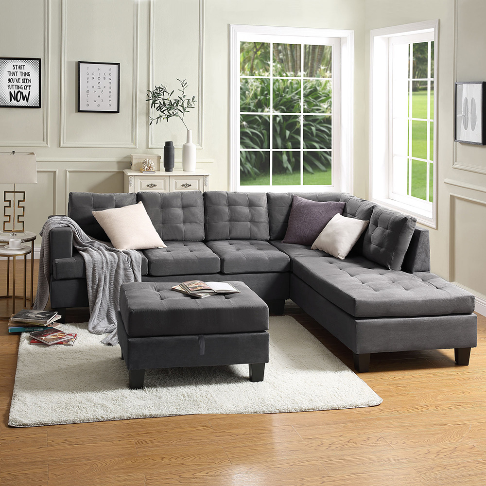 U-STYLE 5-Seat Microfiber Upholstered Sectional Sofa with Storage Ottoman and Wooden Frame, for Living Room, Bedroom, Office, Apartment - Gray