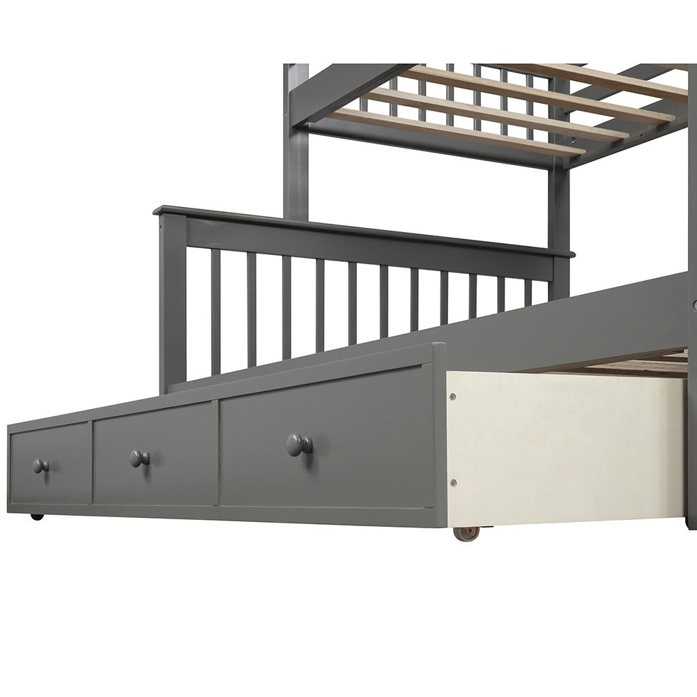Twin-Over-Full Size Stairway Bunk Bed Frame with Trundle Bed, and Wooden Slats Support, No Spring Box Required (Frame Only) - Gray