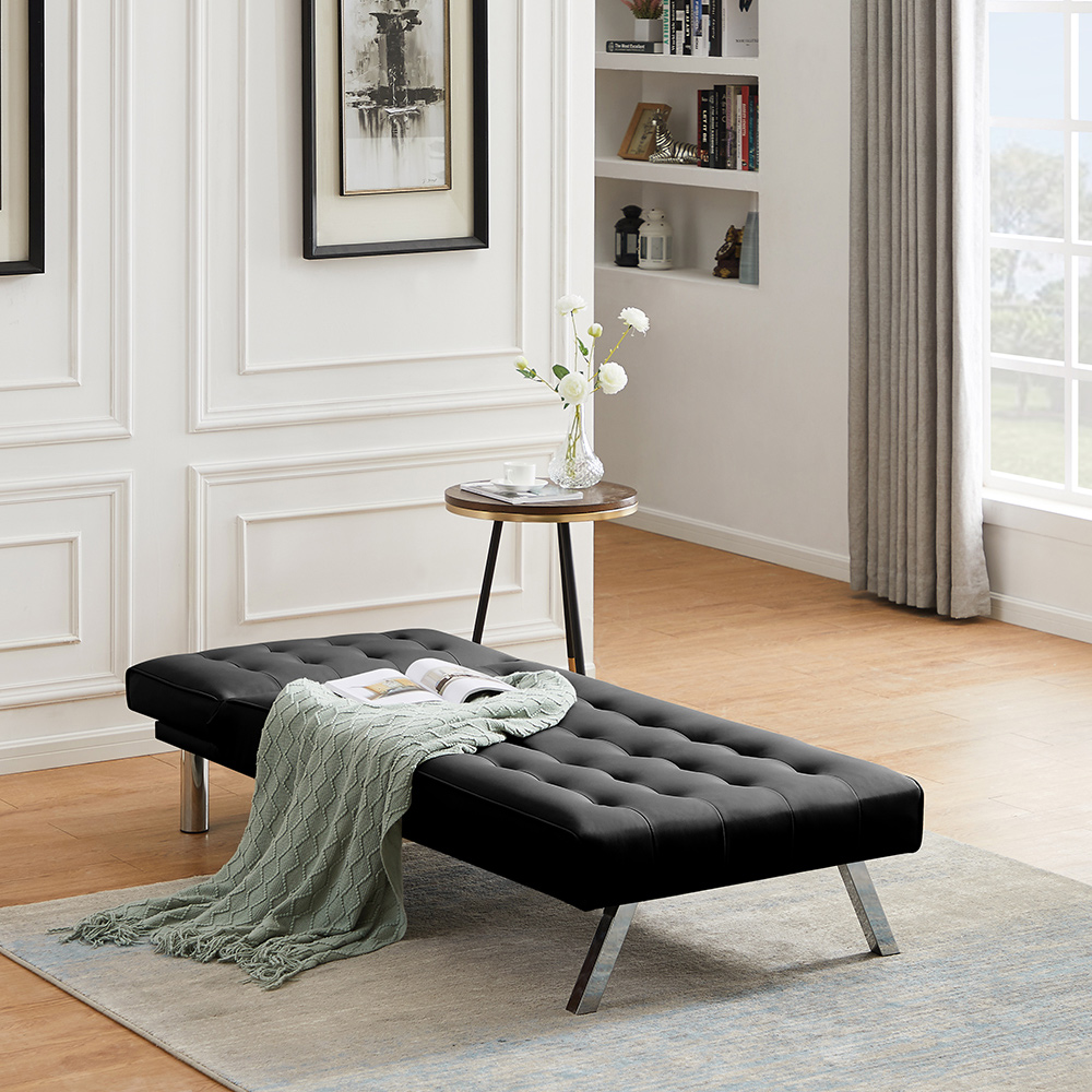 1-Seat PU Leather Armless Chaise with Solid Wood Frame and Metal Legs, for Living Room, Bedroom, Office, Apartment - Black