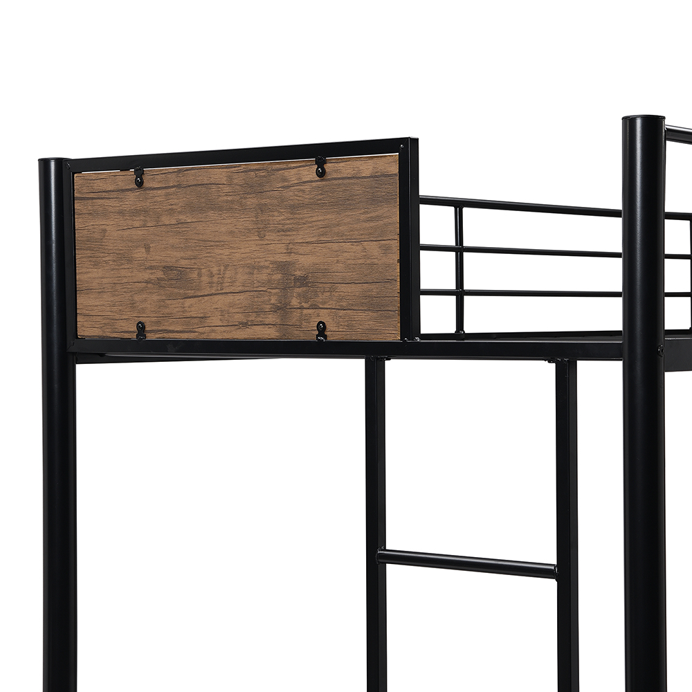 Twin-Over-Full Size Rustic Style Bunk Bed Frame with Ladder, and Metal Slats Support, No Spring Box Required (Frame Only) - Black
