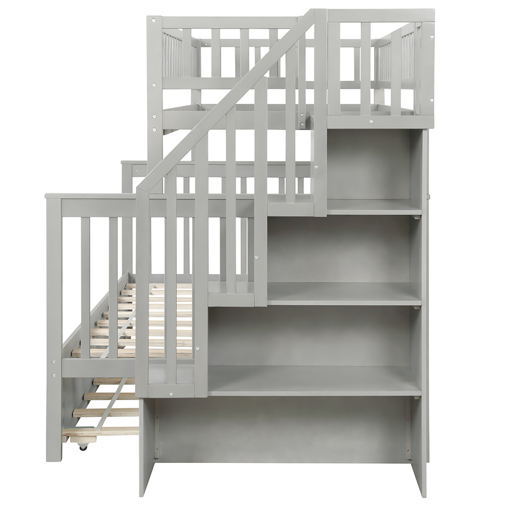 Twin-Over-Full Size Stairway Bunk Bed Frame with Trundle Bed, and Wooden Slats Support, No Spring Box Required (Frame Only) - Gray