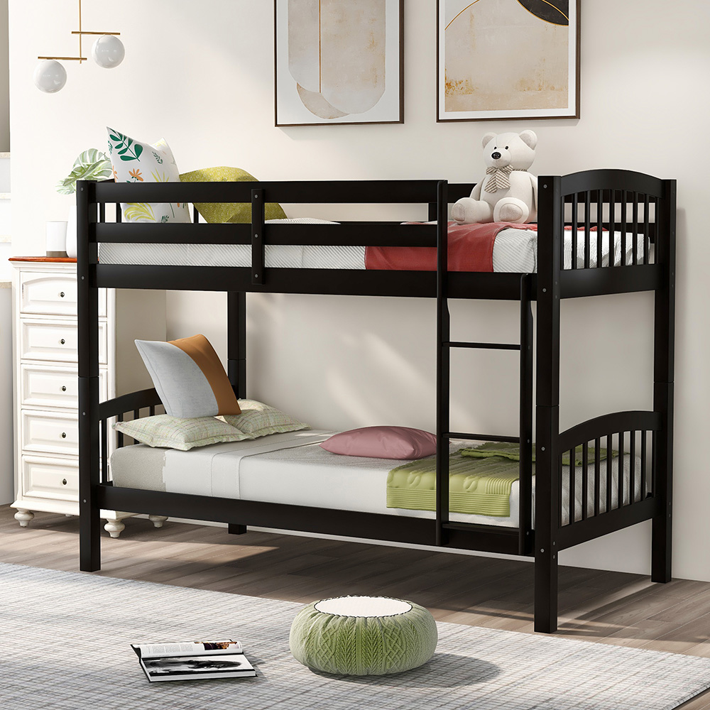Twin-Over-Twin Size Bunk Bed Frame with Ladder, and Wooden Slats Support, No Spring Box Required (Frame Only) - Espresso