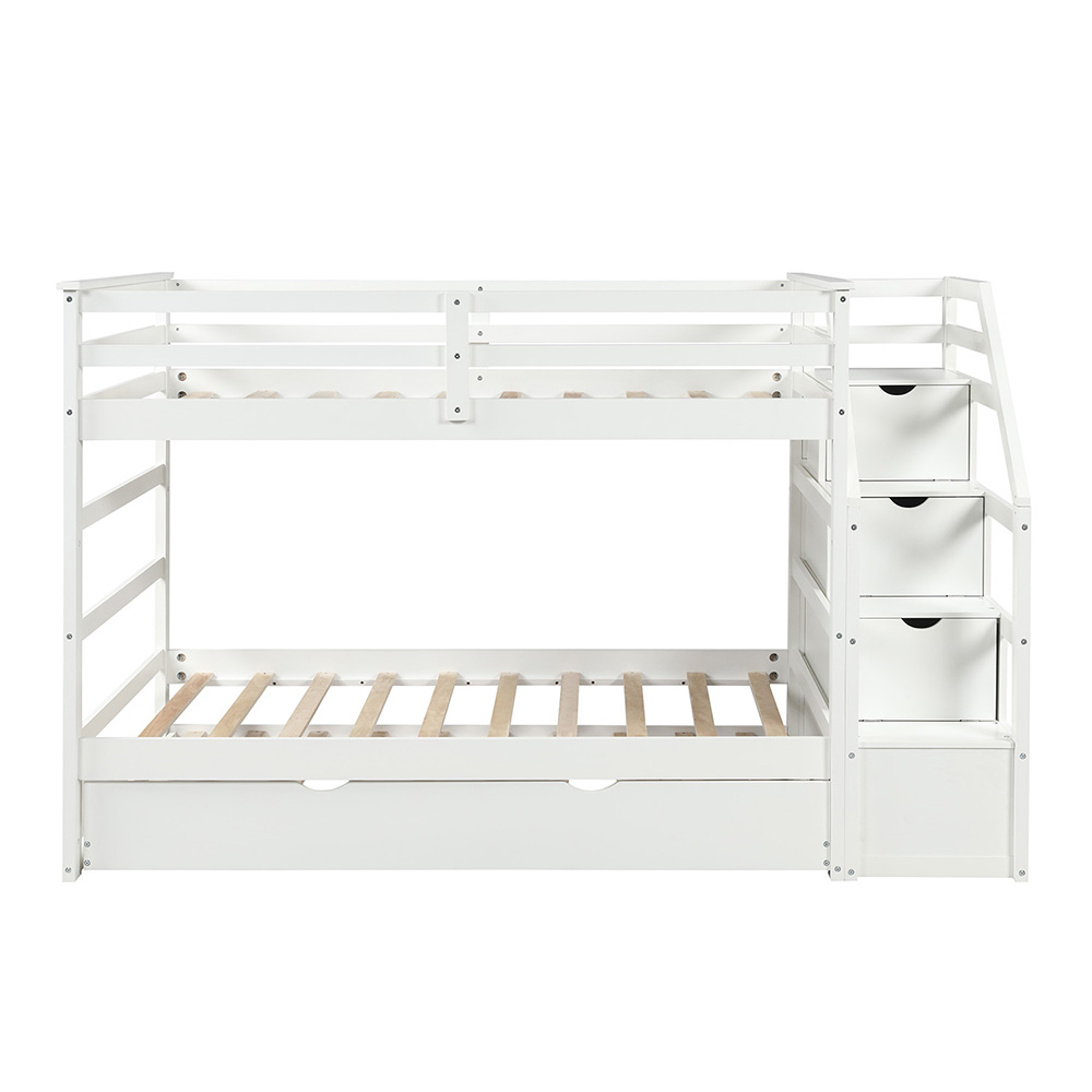 Twin-Over-Twin Size Bunk Bed Frame with Trundle Bed, and 3 Storage Stairs, No Spring Box Required (Frame Only) - White
