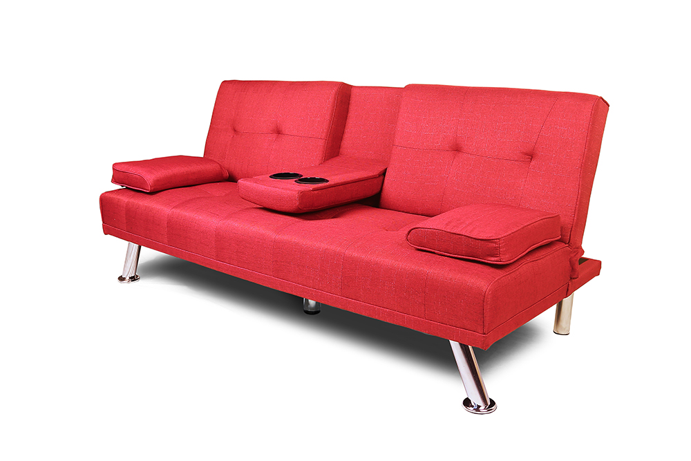 66" Linen Blend Upholstered Sofa Bed, with 2 Cup Holders, Adjustable Backrest and Solid Wood Frame, for Living Room, Bedroom, Office, Apartment - Red
