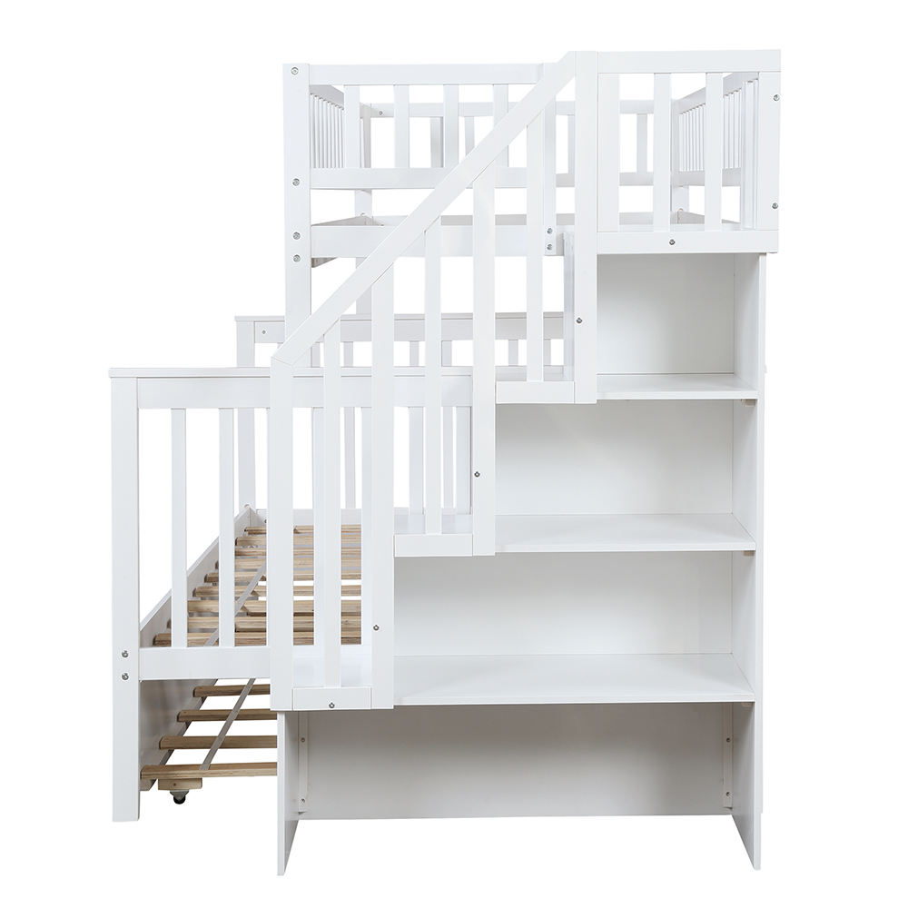 Twin-Over-Full Size Stairway Bunk Bed Frame with Trundle Bed, and Wooden Slats Support, No Spring Box Required (Frame Only) - White