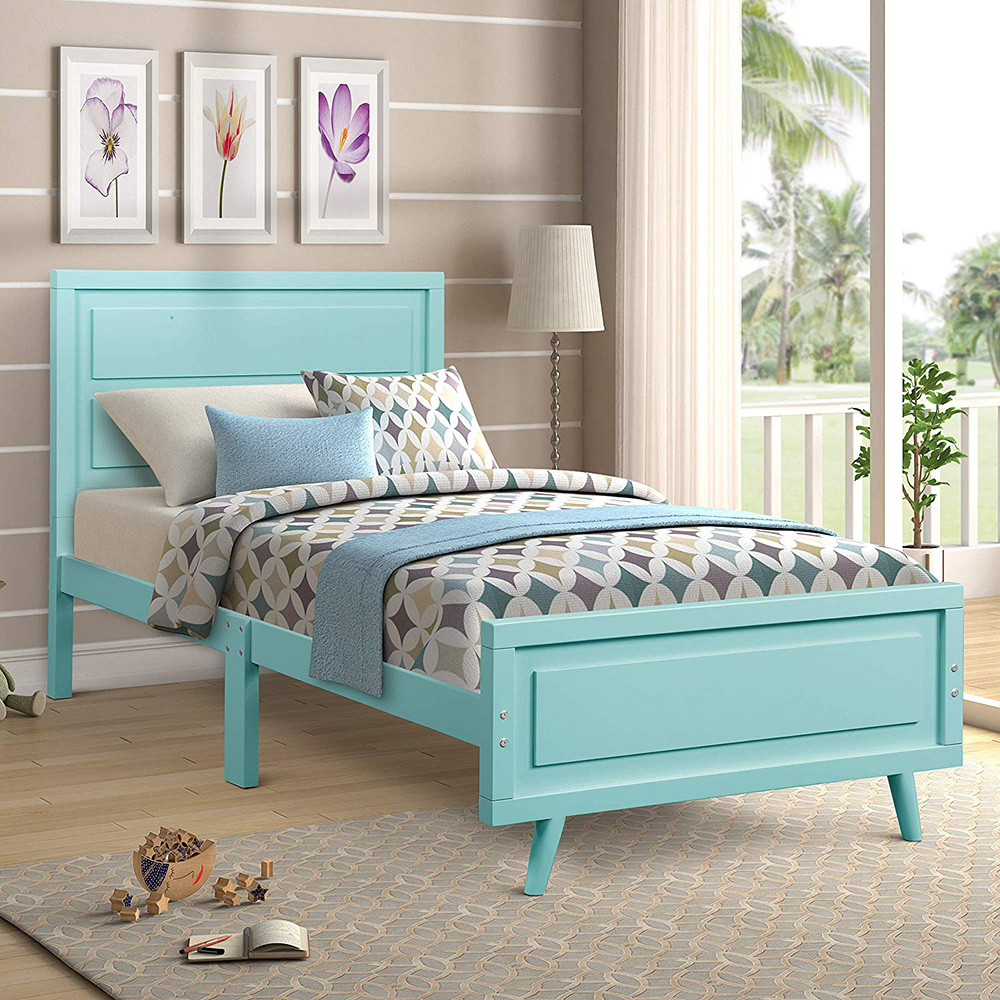 Twin Size Wooden Platform Bed Frame with Headboard, and Wooden Slats Support, No Spring Box Required (Frame Only) - Blue