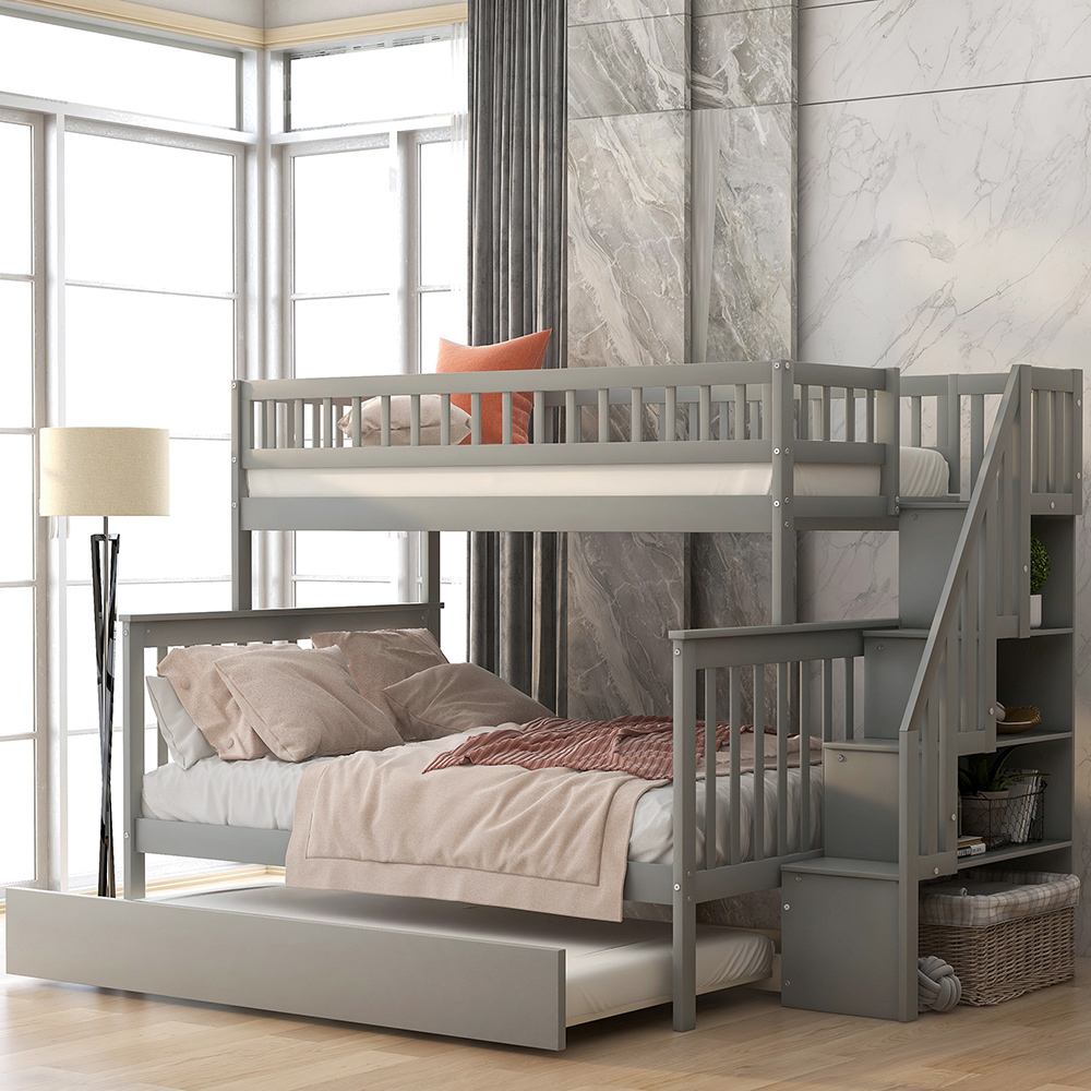 Twin-Over-Full Size Stairway Bunk Bed Frame with Trundle Bed, and Wooden Slats Support, No Spring Box Required (Frame Only) - Gray