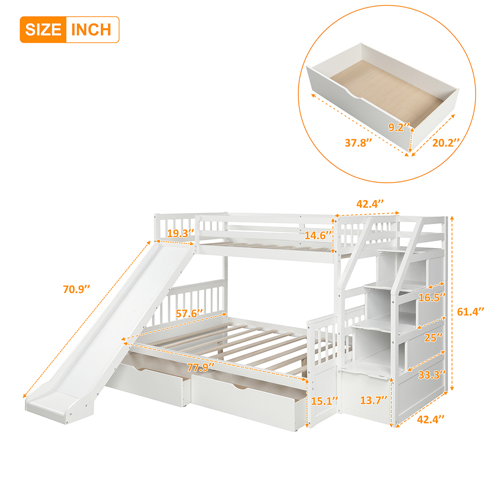 Twin-Over-Full Size Bunk Bed Frame with 2 Drawers, Storage Stairs, and Wooden Slats Support, No Spring Box Required (Frame Only) - White