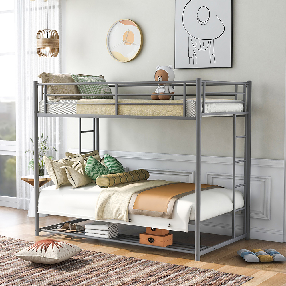 Twin-Over-Twin Size Metal Bunk Bed Frame with Ladder and Storage Bottom Shelf, No Spring Box Required (Frame Only) - Gray