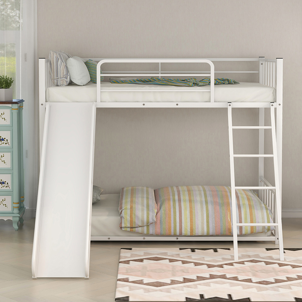 Twin-Over-Twin Size Bunk Bed Frame with Slide, and Metal Slats Support, No Spring Box Required (Frame Only) - White