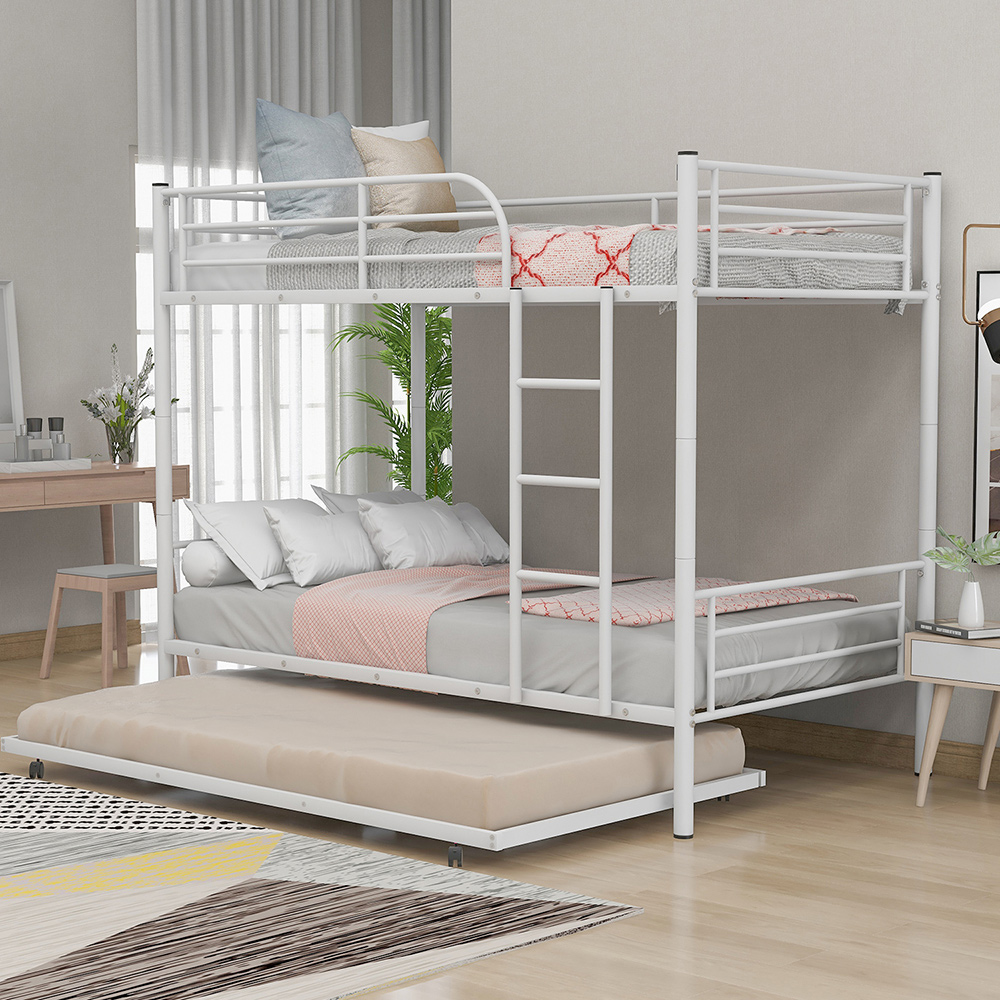 Twin-Over-Twin Size Bunk Bed Frame with Trundle Bed, and Metal Slats Support, No Spring Box Required (Frame Only) - White