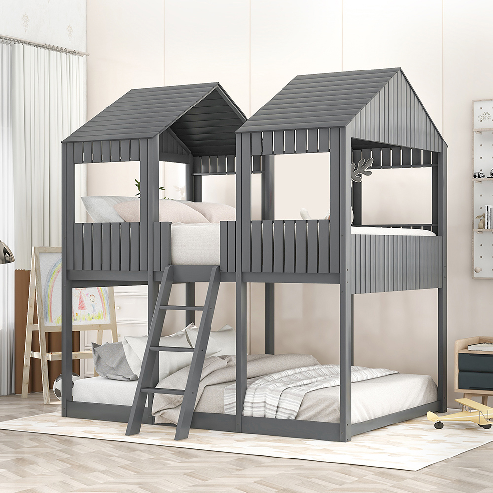 Full-Over-Full Size Bunk Bed Frame with Roof, and Wooden Slats Support, No Spring Box Required (Frame Only) - Gray