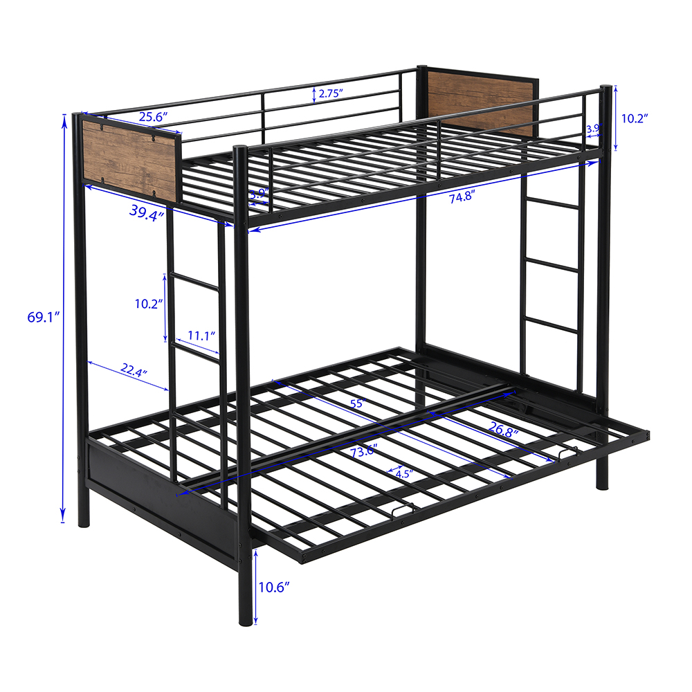 Twin-Over-Full Size Rustic Style Bunk Bed Frame with Ladder, and Metal Slats Support, No Spring Box Required (Frame Only) - Black