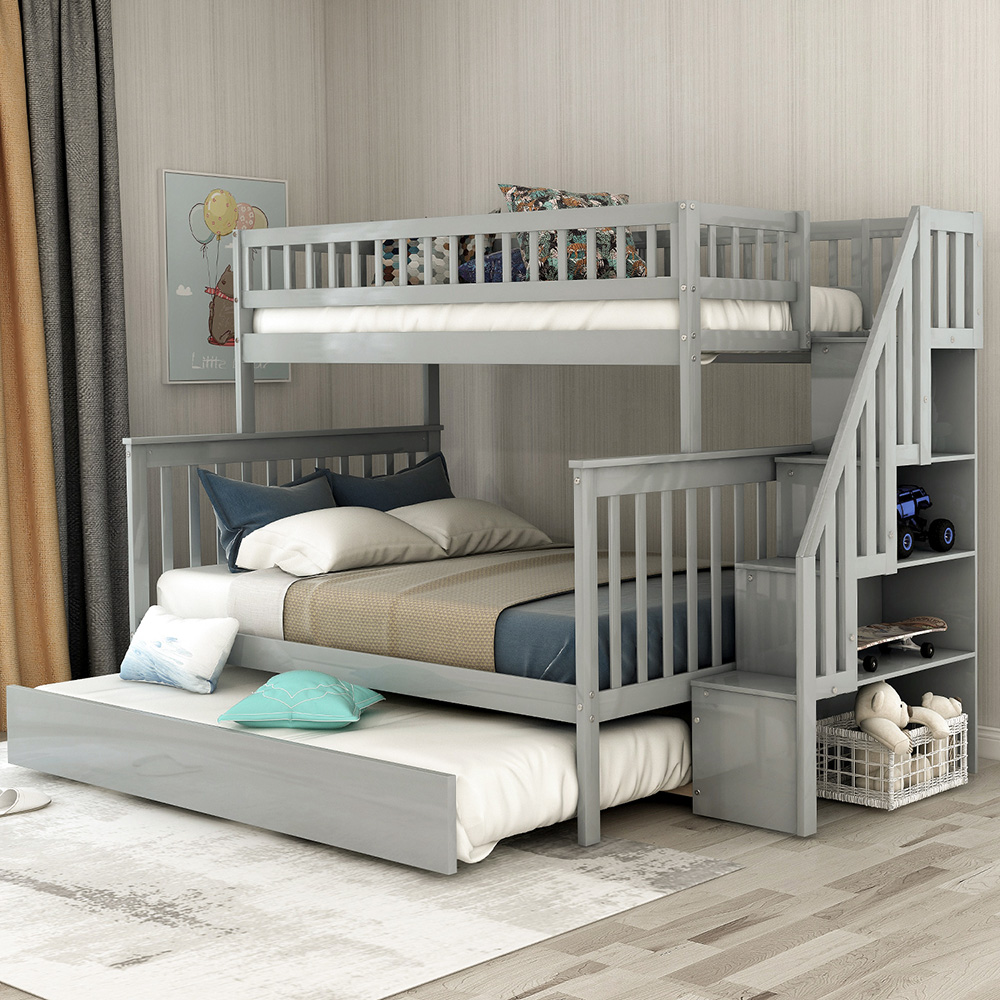 Twin-Over-Full Size Stairway Bunk Bed Frame with Trundle Bed, and Wooden Slats Support, No Spring Box Required (Frame Only) - Gray