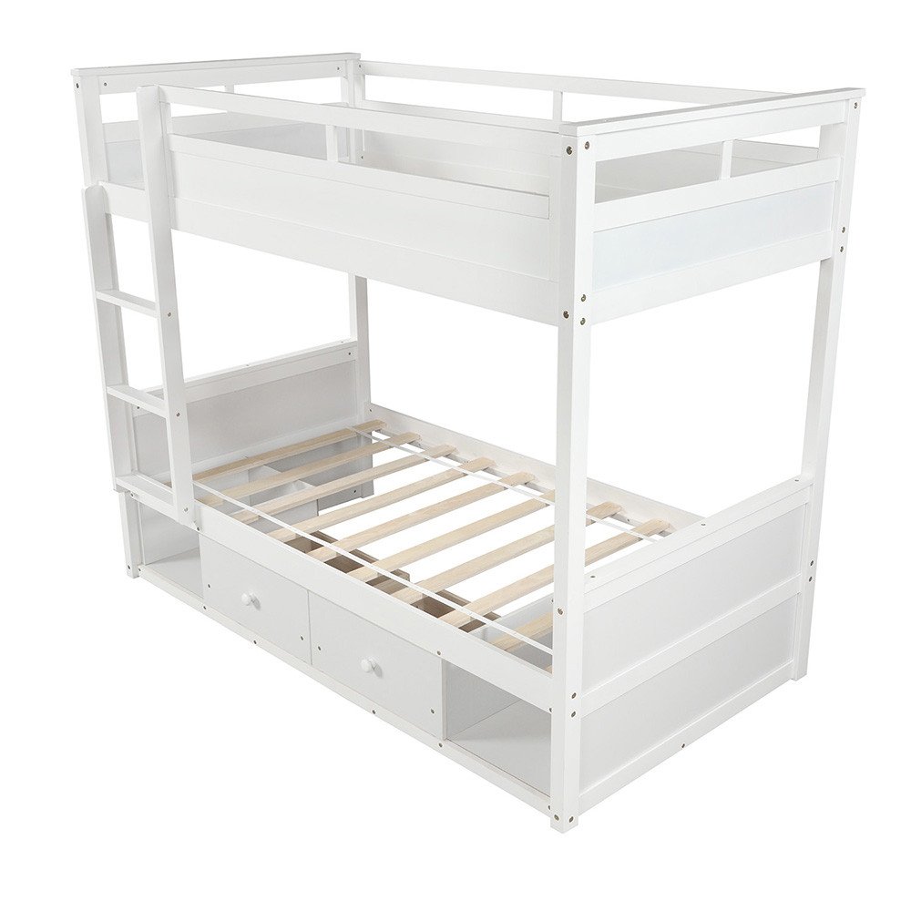Twin-Over-Twin Size Bunk Bed Frame with 2 Storage Drawers, and Wooden Slats Support, No Spring Box Required (Frame Only) - White