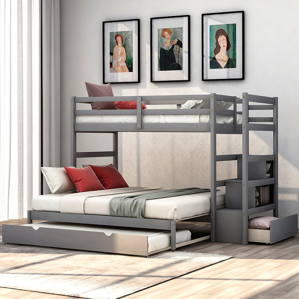 Twin-Over-Twin/King Size Wooden Bunk Bed Frame with Trundle Bed, and Storage Stairs, No Spring Box Required (Frame Only) - Gray