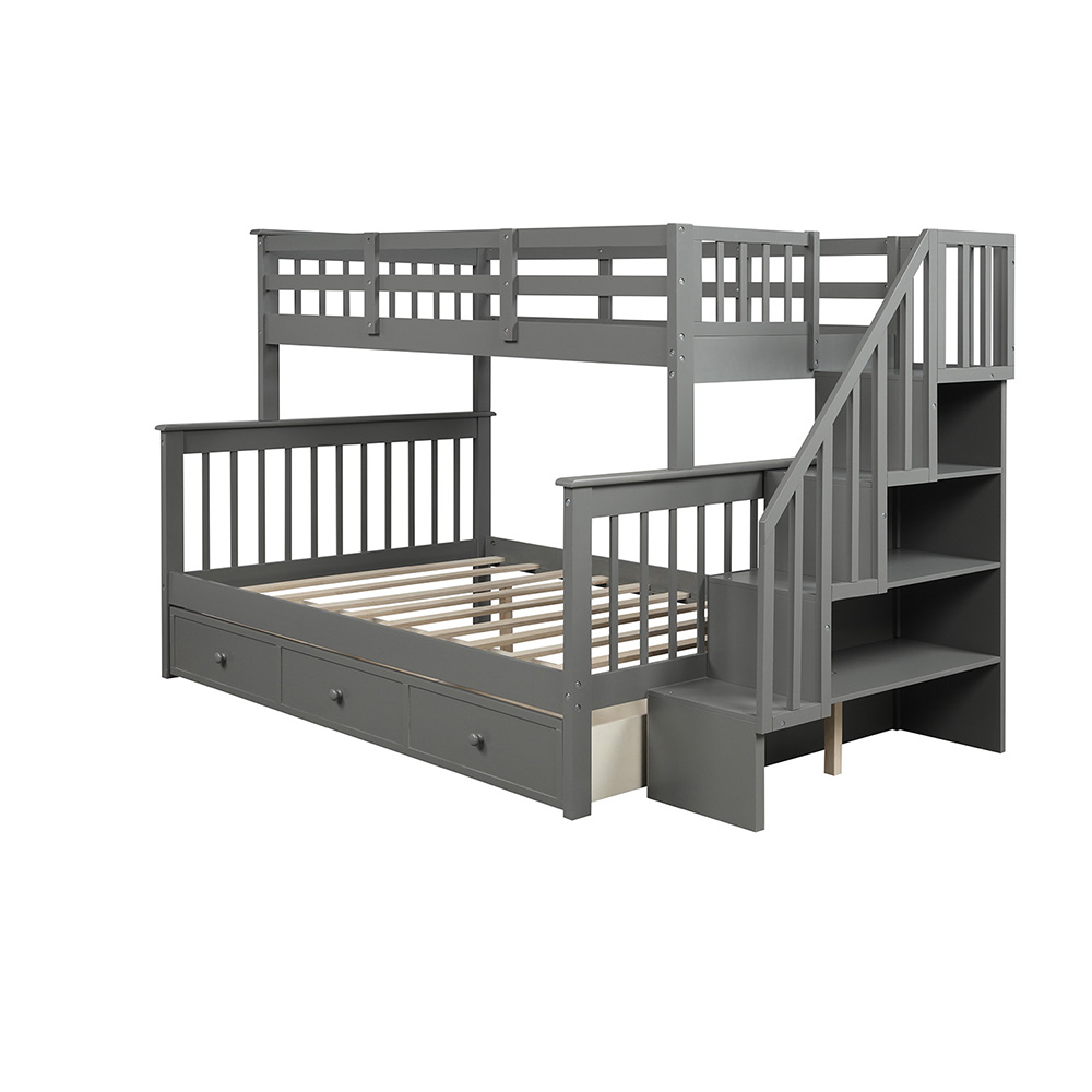 Twin-Over-Full Size Stairway Bunk Bed Frame with Trundle Bed, and Wooden Slats Support, No Spring Box Required (Frame Only) - Gray