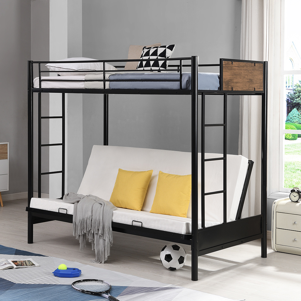 Twin-Over-Full Size Rustic Style Bunk Bed Frame with Ladder, and Metal Slats Support, No Spring Box Required (Frame Only) - Black