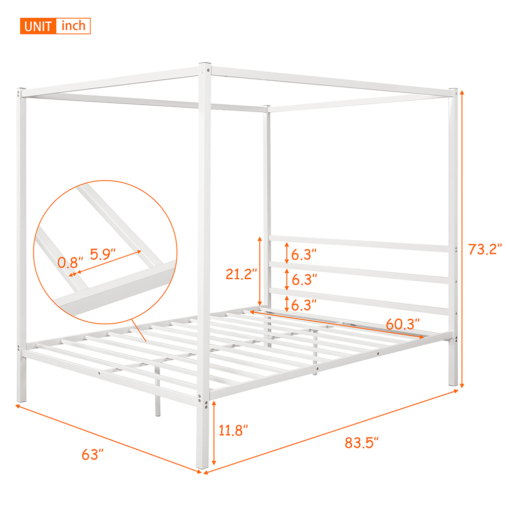 Queen Size Metal Canopy Platform Bed Frame with Built-in Headboard, and Metal Slats Support, No Spring Box Required (Frame Only) - White