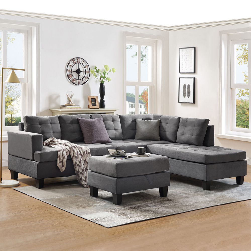 U-STYLE 5-Seat Microfiber Upholstered Sectional Sofa with Storage Ottoman and Wooden Frame, for Living Room, Bedroom, Office, Apartment - Gray