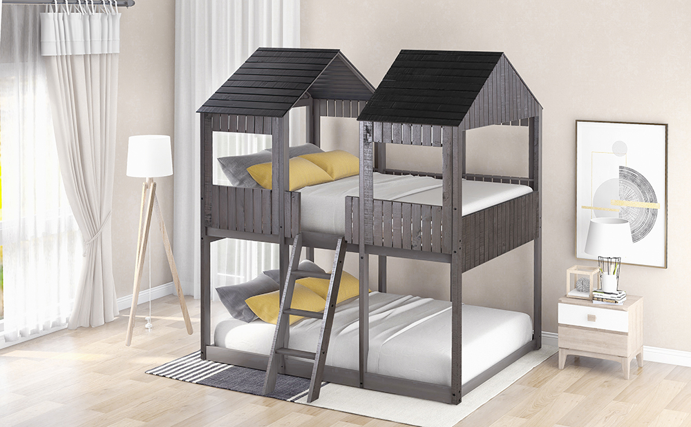 Full-Over-Full Size Bunk Bed Frame with Roof, and Wooden Slats Support, No Spring Box Required (Frame Only) - Antique Gray