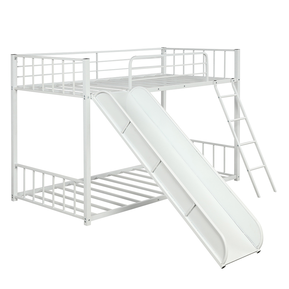 Twin-Over-Twin Size Bunk Bed Frame with Slide, and Metal Slats Support, No Spring Box Required (Frame Only) - White