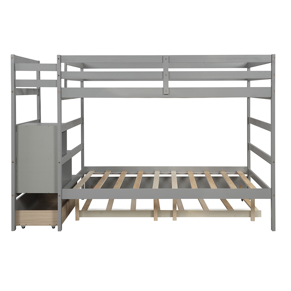 Full-Over-Full Size Wooden Bunk Bed Frame with Trundle Bed, and Storage Stairs, No Spring Box Required (Frame Only) - Gray