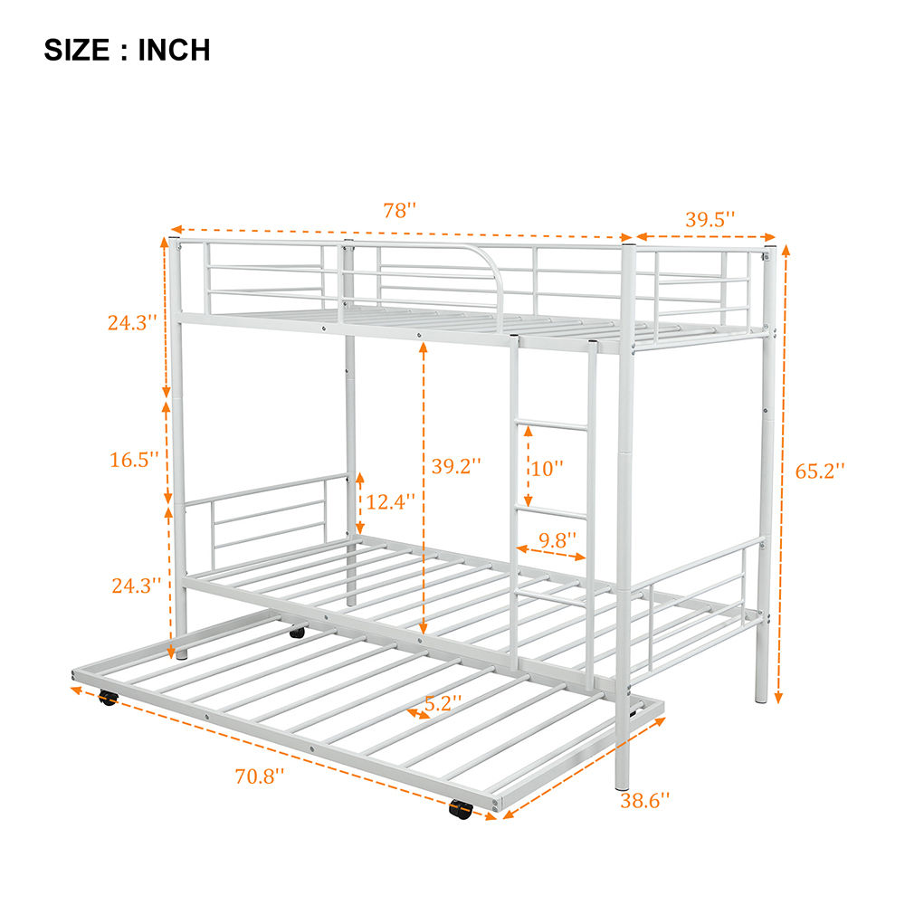 Twin-Over-Twin Size Bunk Bed Frame with Trundle Bed, and Metal Slats Support, No Spring Box Required (Frame Only) - White